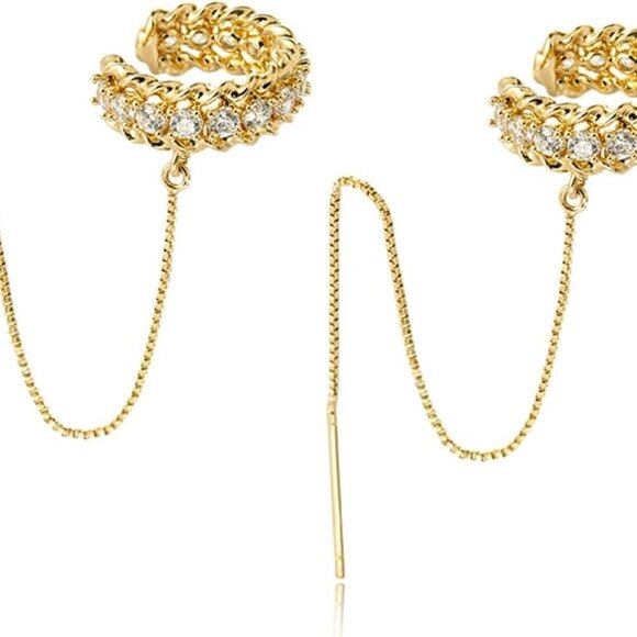 Gold Dangle Hoop Earrings Small Stud Drop Chain Dazzling Zirconia Jewelry - Picture 2 of 9